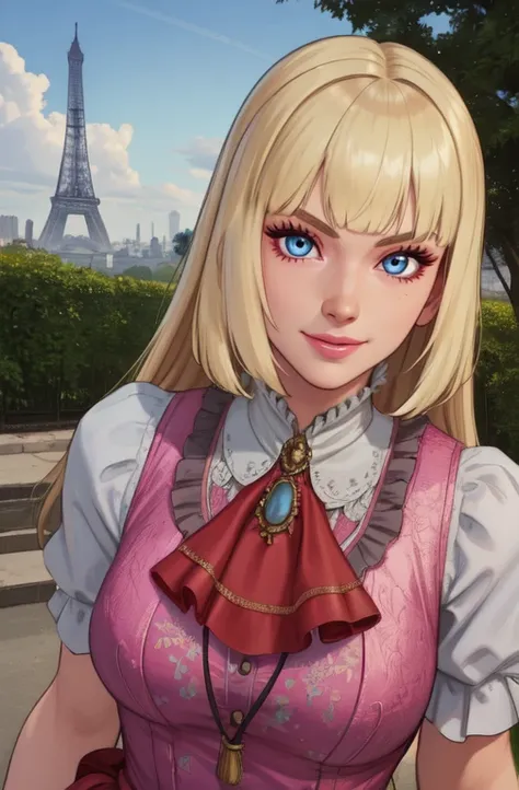 lily, blue eyes, blonde hair, long hair, bangs,
standing, upper body,
dress, fingerless gloves, puffy short sleeves, necklace,
light smile, looking at viewer,
morning, mansion, outdoors, paris,
(insanely detailed, beautiful detailed face,beautiful detailed eyes, masterpiece, best quality)
<lora:LilyT8:0.7>