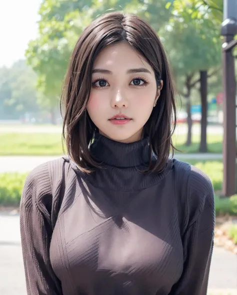pureerosface_v1:0.3, best quality, photorealistic, 8k, high res, full color, 1girl, woman, 20 years old woman, (closed mouth:1.43), (skindentation), (portrait:0.6), trees, park bench, daylight, ((park background:1.52)), full color, ((necksweater:1.68)), looking at viewer:1.8, (1girl eyes looking at viewer:1.55), (medium-length hair, brownhair, partedhairs:1.45), (bokeh), <lora:AAG-yume:0.65>
