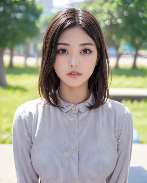 pureerosface_v1:0.3, best quality, photorealistic, 8k, high res, full color, 1girl, woman, 20 years old woman, (closed mouth:1.43), (skindentation), (portrait:0.6), trees, park bench, daylight, ((park background:1.52)), full color, ((officeshirt:1.68)), looking at viewer:1.8, (1girl eyes looking at viewer:1.55), (medium-length hair, brownhair, partedhairs:1.45), (bokeh), <lora:AAG-yume:0.65>