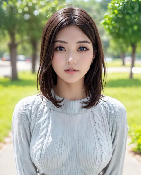 pureerosface_v1:0.3, best quality, photorealistic, 8k, high res, full color, 1girl, woman, 20 years old woman, (closed mouth:1.43), (skindentation), (portrait:0.6), trees, park bench, daylight, ((park background:1.52)), full color, ((necksweater:1.68)), looking at viewer:1.8, (1girl eyes looking at viewer:1.55), (medium-length hair, brownhair, partedhairs:1.45), (bokeh), <lora:AAG-yume:0.65>