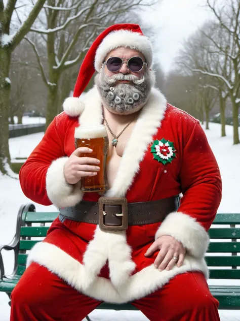 ral-santa, fat Scottish santa, santa sitting on a park bench in a snowy Glasglow, topless, hairy chest, holding a can of beer, cigarette, sunglasses, medallions, <lora:ral-santa-sdxl:1>