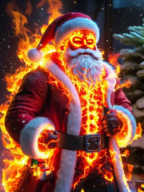 ral-santa, fire santa, santa claus is on fire, fiery and dynamic <lora:ral-santa-sdxl:1>