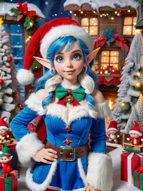 christmas elve wearing blue ral-santa outfit <lora:ral-santa-sdxl:1>