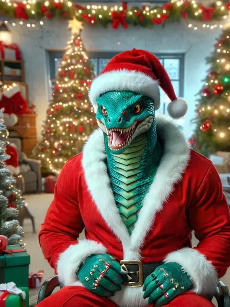 ((Alligator)), fangs, white teeth, ((sharp claws), standing, saliva, (((green)) scaled body)), ((dominant)), ((intimidating)), dilf, Daddy, father figure, mature male, hunk, ((crotch focus)), ((Living room)), ((christmas tree ((background))), ((christmas lights ((background))), ((night)), ((very detailed background)), ((very detailed balls)), ((very detailed lighting)), ((very detailed hands)), ((well drawn hands)), ((holding present)), ((very detailed crotch)), (((orange)) Reptile Penis)), ((big Penis)), ((thick Penis)), (((orange)) knot)), ((very detailed Penis)), (((Red)) Winter fur coat)), (((Red)) santa hat)), ((very detailed clothing)), ((very detailed scales texture)), ((very detailed)), very high resolution, very high quality