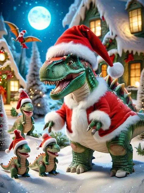 ral-santa, dinosaur santa, a dinosaur in a santa hat and a group of dinosaurs, playful and whimsical <lora:ral-santa-sdxl:1>