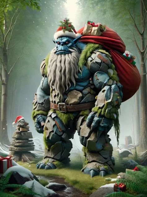 ral-santa, a giant stone troll with a bag of stuff in a forest, robust and nature inspired, stone golem santa <lora:ral-santa-sdxl:1>