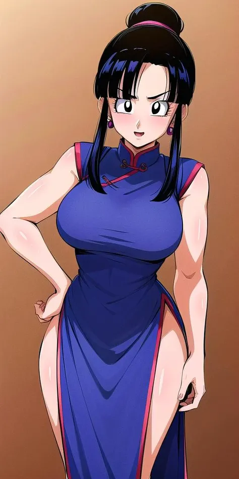 <lyco:chichi_dbzV3:0.7> chichi_dbz, standing, solo, large_breasts, china_dress,, masterpiece, best quality, detailed face, detailed eyes, highres,
