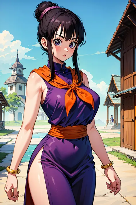 (masterpiece), (best quality), highres, ultra detailed, perfect body, 1girl, village, chichi_dbz, large breasts, Purple Dress, Orange Neckerchief,
<lora:namek_v1_1_dadap:0.45>, <lyco:chichi_dbzV3:0.4>