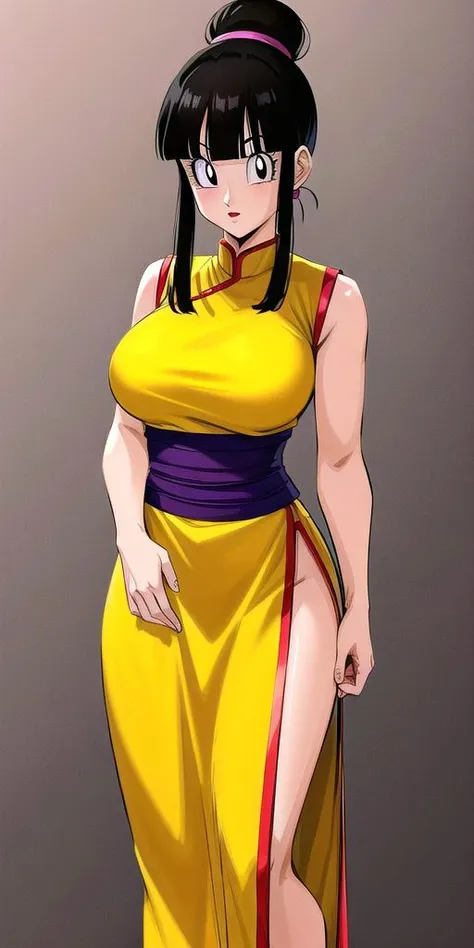 <lyco:chichi_dbzV3:0.7> chichi_dbz, standing, solo, large_breasts, Yellow_China_Dress_Purple_Neckerchief,, masterpiece, best quality, detailed face, detailed eyes, highres,