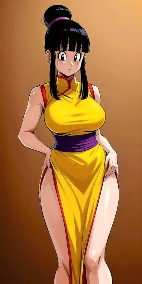 <lyco:chichi_dbzV3:0.7> chichi_dbz, standing, solo, large_breasts, Yellow_China_Dress_Purple_Neckerchief,, masterpiece, best quality, detailed face, detailed eyes, highres,