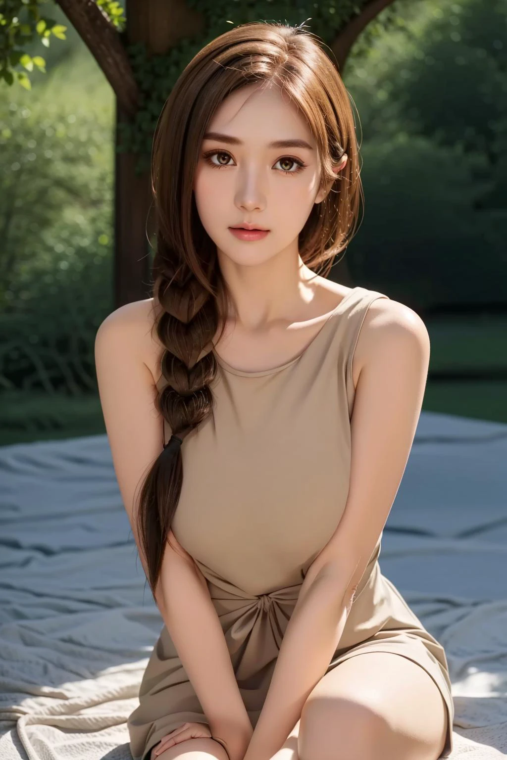 Day,village, forest,wooden house,trees,outdoors,
sitting at attention,
bare_shoulders,collarbone,sleeveless,Grey_dress,
<lora:Ellie_Black_Summoner-KK77-V1:0.7>,
brown_eyes,brown_hair,braid,
,<lora:more_details:0.1>,
1 girl, 20yo,Young female,Beautiful long legs,Beautiful body,
Beautiful Nose,Beautiful character design, perfect eyes, perfect face,expressive eyes,perfect balance,
looking at viewer,(Focus on her face),closed mouth, (innocent_big_eyes:1.0),(Light_Smile:0.3),
official art,extremely detailed CG unity 8k wallpaper, perfect lighting,Colorful, Bright_Front_face_Lighting,White skin,
(masterpiece:1.0),(best_quality:1.0), ultra high res,4K,ultra-detailed,
photography, 8K, HDR, highres, absurdres:1.2, Kodak portra 400, film grain, blurry background, bokeh:1.2, lens flare, (vibrant_color:1.2),professional photograph,
(Beautiful,huge_Breasts:1.4), (beautiful_face:1.5),(narrow_waist),