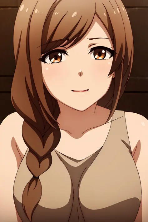 bare_shoulders,collarbone,sleeveless,Grey_dress, <lora:Ellie_Black_Summoner-KK77-V1:0.7>,<lora:saiminSeishidou:0.2>, brown_eyes,brown_hair,braid,
1 girl, 20yo,Young female,Beautiful Finger,Beautiful long legs,Beautiful body,Beautiful Nose,Beautiful character design, perfect eyes, perfect face,expressive eyes, looking at viewer, in the center of the image,(light_smile:0.5), official art,extremely detailed CG unity 8k wallpaper, perfect lighting,Colorful, Bright_Front_face_Lighting,shiny skin, (masterpiece:1.0),(best_quality:1.0), ultra high res,4K,ultra-detailed, photography, 8K, HDR, highres, absurdres:1.2, Kodak portra 400, film grain, blurry background, bokeh:1.2, lens flare, (vibrant_color:1.2) (Beautiful,large_Breasts:1.0), (beautiful_face:1.5),(narrow_waist)