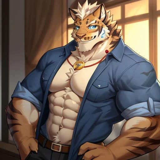 <lora:lin-huV2-06:0.9>, lin-hu, clothed, solo, (soft shading), 4k, hi res, (detailed face, detailed eyes, detailed), ((full body)), by zackarry911, by zaush, (by personalami:0.5), mature male, muscular, muscular male, pectoral cleavage, blue eyes, smile, jewelry, (pose), sleeves rolled up, blue shirt, open shirt, nipples, bottomless
