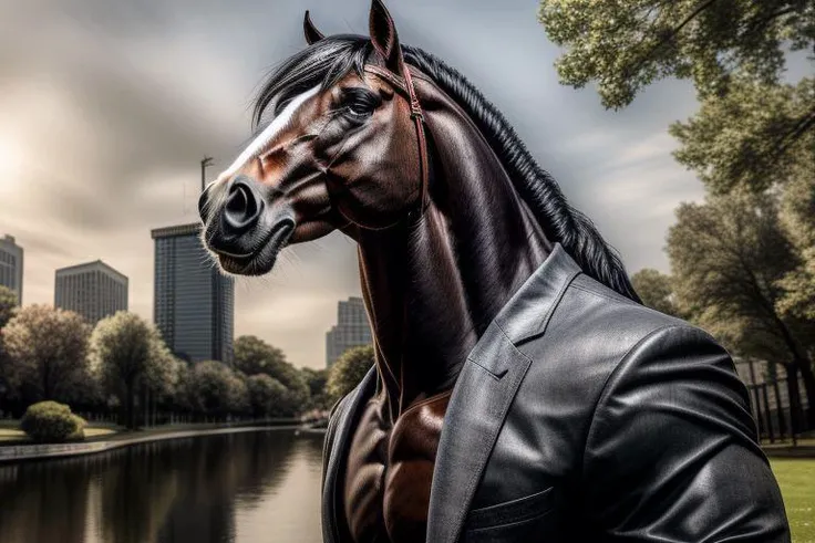 anthropomorphic, anthro, (((male))), ((horse)), ((whiskers)), male, ((wide hips, wide shoulders)), horse tail, adult, (((full body))), full muscular body, wearing modern clothes, anatomically correct, looking at viewer, realistic fur covered torso, long hair, dense fur, extra thick fur coating, hirsute fur)))), relaxed pose, stout body, wide thick body, detailed background, ((city park background)), realistic, photorealistic, wide angle, ultra realistic, fine detail, 8k, sharp focus, gray natural lighting, backlighting, happy expression, high-definition realism, photorealistic facial features