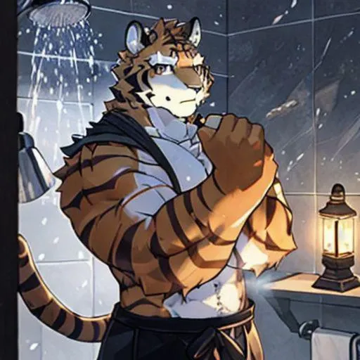 bara, furry, furry_male,male focus,muscular male, orange eyes,tiger furry,tiger ears, 4k,<lora:grant-000008:0.7>,1boy, , Delicate face,Delicate eyes, jerking, Kerosene lamp,sickle:1.2, shower, bathing, perfect lighting, light particles,(best quality), (detailed),(masterpiece),(ultra detailed),sharp focus,light particles