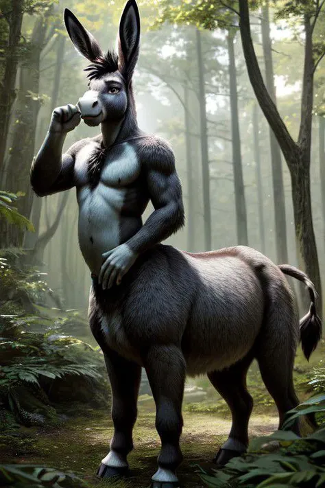 anthro, Male, ((((donkey)))), detailed background, forest background ((tail)), ((( nude ))) (((Thick hirsute fur, fur covered torso, furry chest, densely furry belly, ))),
((taur lower body, taur, taur body)),
BREAK, (unreal engine:1.5), (masterpiece, best quality, ultra realistic, 4k, 2k, (high detail:1.3), film photography, soft focus, RAW photo, photorealistic, analog style, subsurface scattering, photorealism, absurd res) <lora:fluffyrock-quality-tags-v2.1.1-vpred:1>