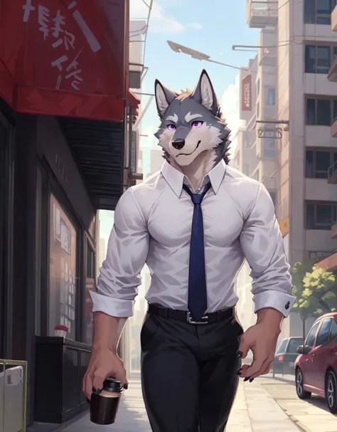 (masterpiece), best quality, highly detailed face, highly detailed background, perfect lighting, niji,
a multicolored fur male wolf kemono in (office uniform) with [pink purple 0.8] eyes, walking in city, holding coffee.