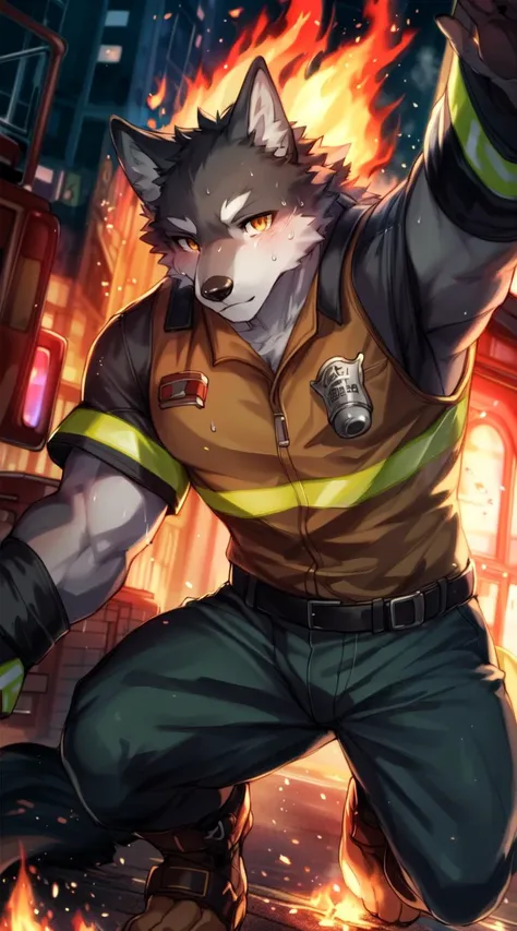 masterpiece, best quality, hi res, absurd res, by kiyosan, (by null-ghost:0.7), ultra detailed,
furry, muscular male, solo, wolf, firefighter, bodysuit,
looking at viewer, sweat, rescue, reaching out,
detailed background, fire, embers,
<lora:add_detail:0.3>