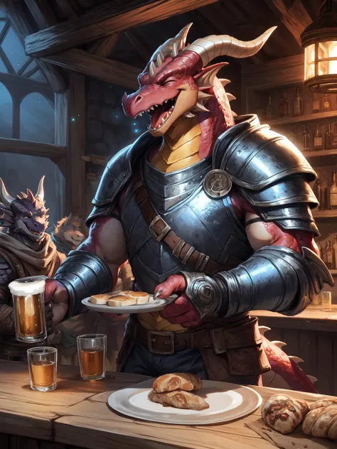 solo, male, adventurer, (male anthro dragon:1.3), (red body:1.1), yellow belly, (standing:1.3), (kemono:1.2), (tavern:1.23), heavy armor, (plate armor), (laugh:1.3), eyes closed, open mouth, beer, detailed eyes, dragon tail, horn, (bust portrait), (detailed eyes), (indoors:1.35), table, bar counter, food, dnd, crowd, (dark:1.4), (particles ,firefly, blue glowing:1.3), detailed background, 8k hd, (dark shadows, wide dynamic range, hdr, low light:1.2), by Pino Daeni, canyne khai, milkytiger1145, (bara), [dagasi, yupa]