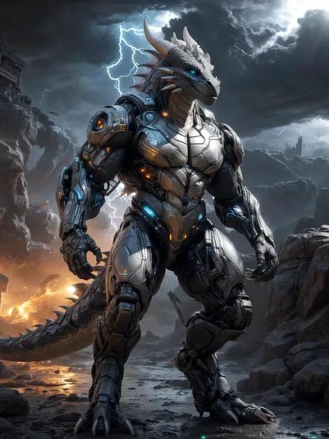 An advanced bionic mech, cybrog, anthro, (dragon), cyborg, male, white body, silver torse, shiny, [full body], Muscle, detailed face, detailed eyes, (1 tail), (glowing LED:1.1), energy, digitigrade, outdoors, extremely detailed CG unity 8k wallpaper, realistic, masterpiece, highest quality, lens flare, unreal engine, trending on ArtStation, Intricate, High Detail, dramatic, realism, beautiful and detailed lighting, shadows, thunder, (photorealism, photo, real, realism), photorealistic, scifi