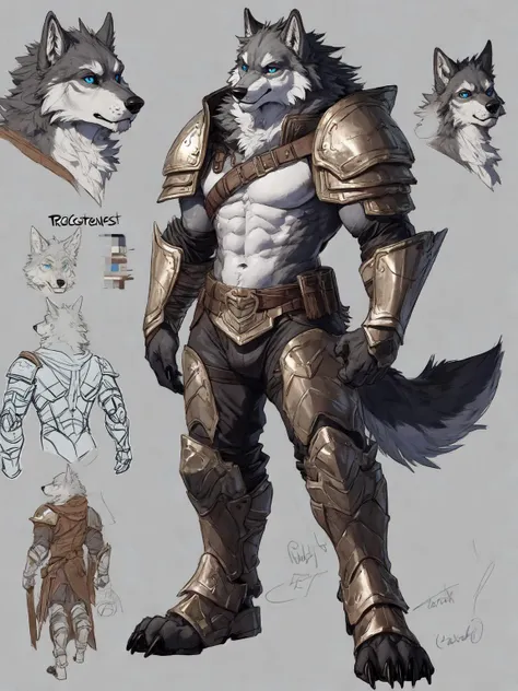 (character_design),concept art,model sheet,anthro,canid,mammal,canine,solo,armor,male,wolf,fur,claws,canis,hi res,standing,fingers,blue eyes,muscular anthro,muscular,were,clothing,muscular male,werecanid,5 fingers,white body,digital media (artwork),simple background,white fur,black nose,grey body,front view,biped,pauldron,grey fur,
