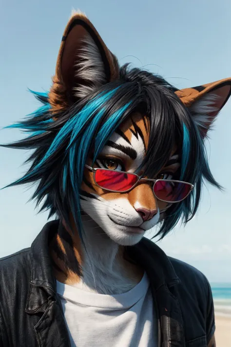 The image is a stylized illustration featuring a male feline character against a vibrant red background. The character appears to be drawn in an anime or manga style, characterized by the specific artistry and detailing.
The character has dark hair, with the strands detailed in various shades of blue and black, giving depth and texture. The character has brown fur. Close up. Dynamic pose. They are wearing pink sunglasses. The glasses have a reflective quality. Their attire consists of a dark-colored top with lighter accents, possibly indicating folds or creases in the fabric. There are cat-like ears protruding from the top of their head, adding an anthropomorphic element to the character.
The background is monochromatic and bright red in color. Thereâs no distinct feature or detail; it serves as a contrasting backdrop to make the character stand out.
The art style leans towards anime/manga with its distinct portrayal of features and coloring technique. Shadows and highlights are used effectively to give dimensionality to the character without making use of intricate details. The mood conveyed is somewhat introspective due to the pose of looking away from the viewer, combined with subdued coloring on the character contrasting against the bright background.