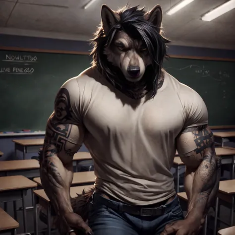 by_darkgem,by_patto,
4k,volumetric,highly detailed,classroom,
wolf,manly,lean body, (solo), portrait,((full body)),cuffed jeans,hair,tattoo,t-shirt,looking at viewer,