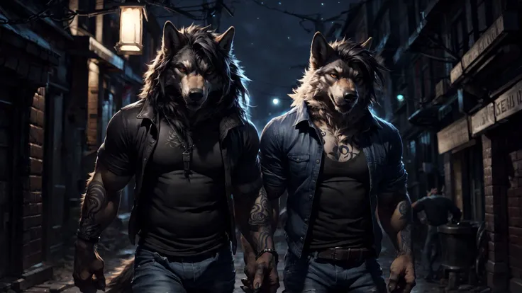 by_darkgem,by_patto,
4k,clean lighting,highly detailed, night,street,
wolf,manly,plump body, (duo), portrait,((full body)),cuffed jeans,hair,tattoo,shirt,looking at viewer,hand on shoulder,