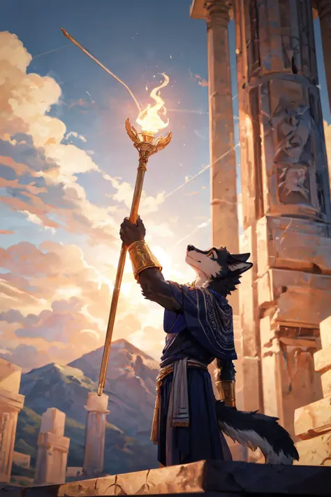 male, canis, furry, solo, black body, black fur, yellow eyes, pendant, wearing ancient Greece clothing, sky, cloud, altar, holy light, perfect anatomy, masterpiece, best quality, raised arm, reaching for object, looking up, perspective, side view, artifact