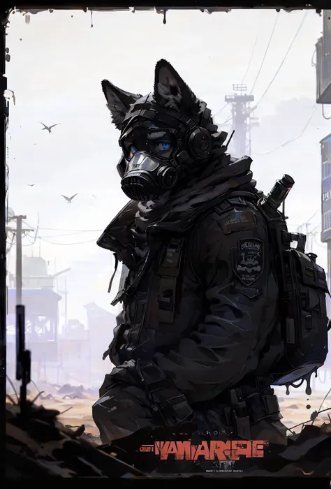 masterpiece, absurd res, male, solo, canid, canis, canine, furry, wasteland, corruption, gas mask, mask, dutch angle, against wall, perfect anatomy, looking at viewer, detailed, detailed eyes, biohazard symbol, apocalypse, simple background, monochrome, restricted palette, flat colors, fade out, game poster, graphic digestion, genetic chimerism, border, black and white, english text, alert, mutation, melting, silhouette