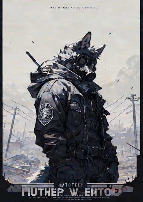 masterpiece, absurd res, male, solo, canid, canis, canine, furry, wasteland, corruption, gas mask, mask, dutch angle, against wall, perfect anatomy, looking at viewer, detailed, detailed eyes, biohazard symbol, apocalypse, simple background, monochrome, restricted palette, flat colors, fade out, game poster, graphic digestion, genetic chimerism, border, black and white, english text, alert,