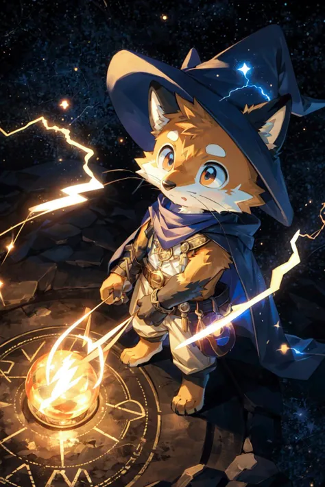 masterpiece, best quality, intricate details, professional illustration, (kemono, anime, chibi, slender:1.1), anthro red fox, furry, (whiskers:1.1), solo child boy, wizard hat, cape, scarf, (amazed mouth open:1.1), (electricity magic circle in background:1.2), (holding plasma orb up:1.1), (outer space:1.1), top angle, from above, looking up