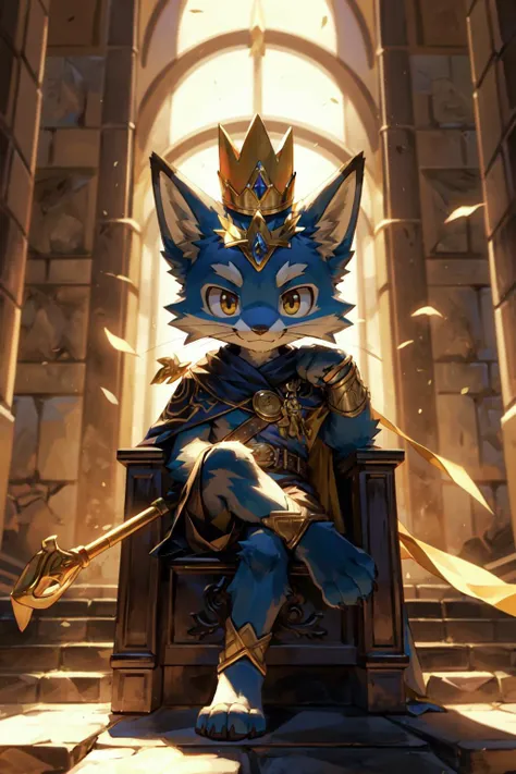 masterpiece, best quality, intricate details, professional illustration, (kemono, anime, chibi, slender:1.1), anthro red fox, furry, (whiskers:1.1), solo child boy, (crown:1.1), yellow cape with golden crest, royalty, shorts, (happy smile:1.1), (sitting on stone throne:1.1), (crossed legs:1.2), (head tilt:0.9), holding scepter, looking at viewer, (wall torch:0.9), (hanging banners:0.9), (ancient castle pillars:0.9), indoors, low angle front view