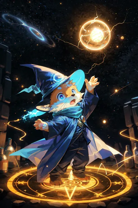 masterpiece, best quality, intricate details, professional illustration, (kemono, anime, chibi, slender:1.1), anthro red fox, furry, (whiskers:1.1), solo child boy, wizard hat, cape, scarf, (surprised:1.1), (electricity magic circle in background:1.2), standing, (holding plasma orb:1.1), (hand reaching up skyward:1.1), (outer space:1.1), top angle