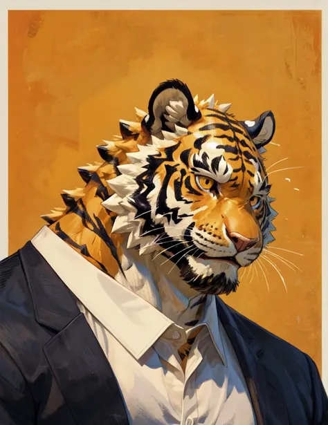 masterpiece,best quality,illustration,flat color,anime coloring,good anatomy,<lora:add_detail:0.2>,male Tiger Man,<lora:muscle_slider_v1:0.5>,(Orange yellow work short sleeved:1.2),close-up,(strong:0.8),head sculpture,(Thinne:0.4),orange background,white suit shirt,