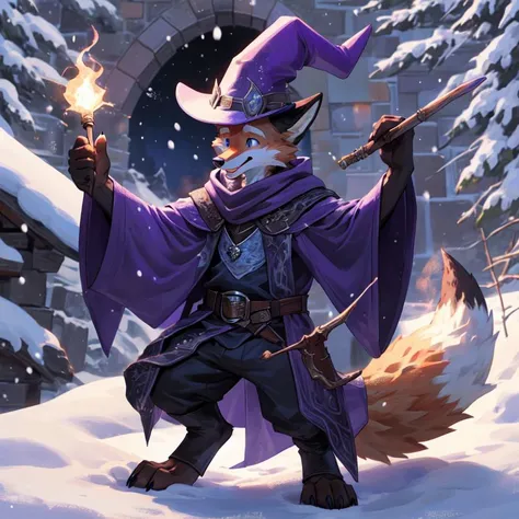 anthropomorphic, male, digitigrade, fox, fox tail, (cute), fluffy fur, fluffy chest fur, purple wizard robes, purple wizard hat, wizard, wand, stone wizard tower, happy, casting a spell, snow spell, snow, magic sparks on tip of wand