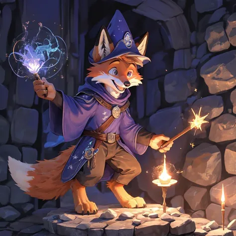 anthropomorphic, male, digitigrade, fox, fox tail, cute, happy expression, excited expression, wizard, inside stone wizard tower, fox standing on small stone platform, holding magic wand, magic sparks on tip of wand, blue magic sparks in air