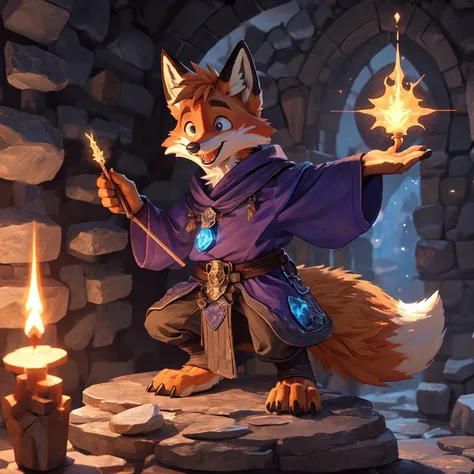anthropomorphic, male, digitigrade, fox, fox tail, cute, happy expression, excited expression, wizard, inside stone wizard tower, fox standing on small stone platform, holding magic wand, magic sparks on tip of wand, blue magic sparks in air