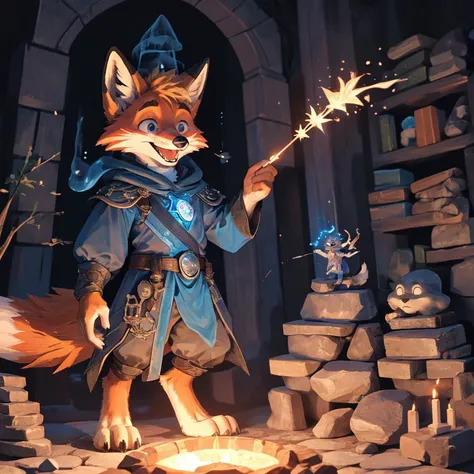 anthropomorphic, male, digitigrade, fox, fox tail, cute, happy expression, excited expression, wizard, inside stone wizard tower, fox standing on small stone platform, holding magic wand, magic sparks on tip of wand, blue magic sparks in air