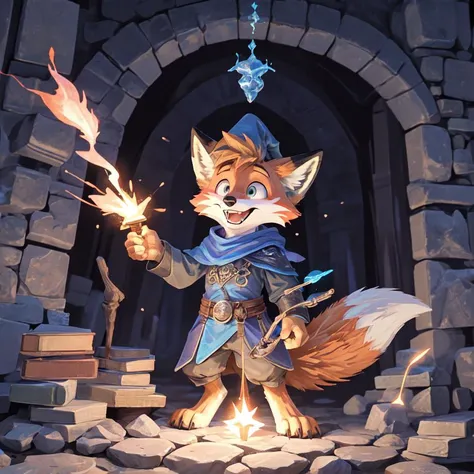 anthropomorphic, male, digitigrade, fox, fox tail, cute, happy expression, excited expression, wizard, inside stone wizard tower, fox standing on small stone platform, holding magic wand, magic sparks on tip of wand, blue magic sparks in air