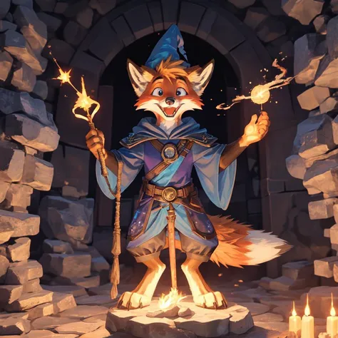 anthropomorphic, male, digitigrade, fox, fox tail, cute, happy expression, excited expression, wizard, inside stone wizard tower, fox standing on small stone platform, holding magic wand, magic sparks on tip of wand, blue magic sparks in air