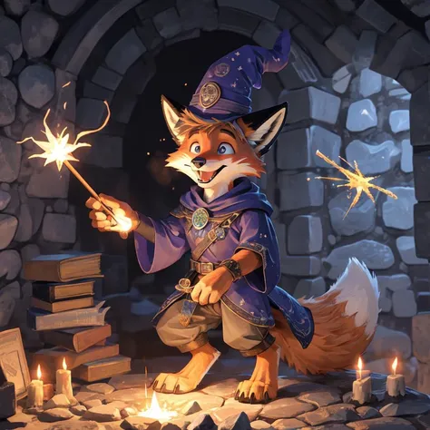anthropomorphic, male, digitigrade, fox, fox tail, cute, happy expression, excited expression, wizard, inside stone wizard tower, fox standing on small stone platform, holding magic wand, magic sparks on tip of wand, blue magic sparks in air
