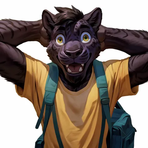 by chunie by catsudon by retros, male, felid, solo, panther, (black hair), facial hair, front facing viewer, retracted feline claws, (5 fingers), solid white background, yellow shirt, shellshocked, backpack, hands behind head, wall-eyed, green eyes, <lora:mahonest-01:0.9>