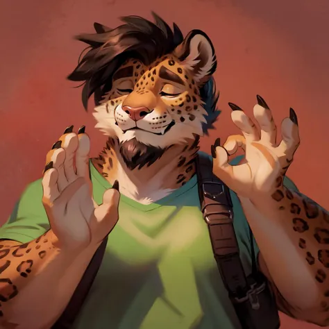 by chunie by catsudon by retros, male, felid, solo, jaguar, (black hair), facial hair, facing viewer, <lora:PachaMeme:0.91>, (((closed eyes))), retracted feline claws, (5 fingers), solid red background, green shirt, smile, (((ok gesture))), palm forward, backpack