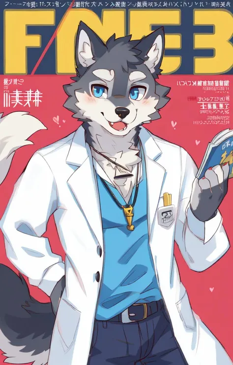 ((magazine cover)), perfect anatomy, furry, male, (wolf), pendant, kemono, 1boy, ((clothed)), lab coat, model, multicolored fur, ((wink)), (detailed eyes), portrait <lora:Magazine:0.6> <lora:thickline_fp16:1>