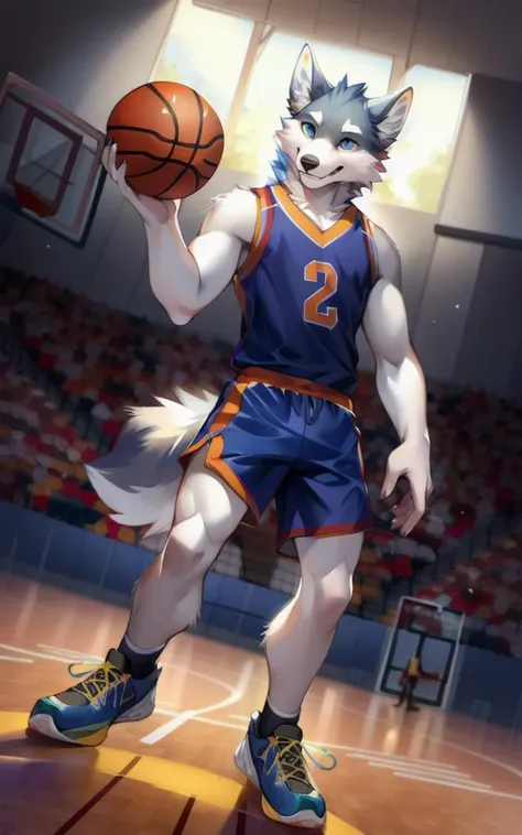 wolf:1.1, furry, male, solo, bad boy, ultra detailed, (front view, looking at viewer), (playing basketball) (basketball_uniform, basketball_socks, basketball_shoes), anthro hands, perfect anatomy.
perfect lighting, CG, detailed fur texture, big eyes, detailed eyes, perfect eyes, fluffy tail, by Pino Daeni, niji. basketball court, crowded audience.
full body portrait. ((magazine)). <lora:Magazine:1>