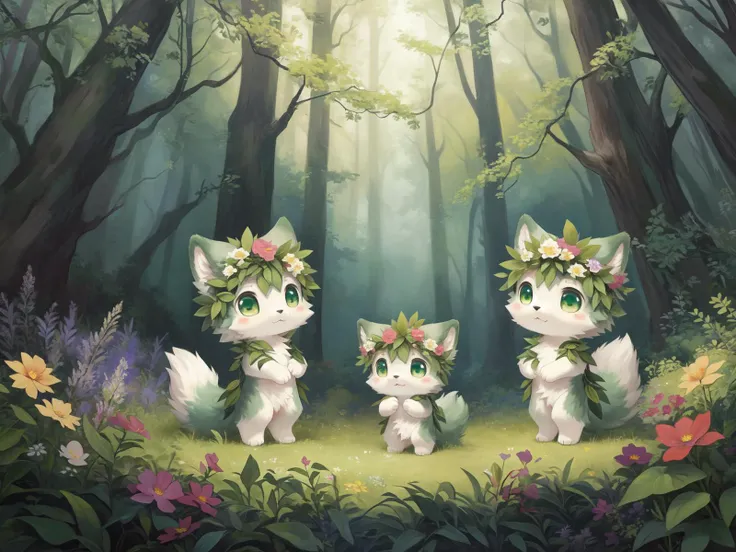 Masterpieces,official art,full body,furry,male,Druid wolf,The plant that breaks out of the body, the flower that breaks out of the body,Body-wrapping plants,Variation,Assimilation by plants,Emerald green soft energy wave,In the forest, chibi, cub, cute, young