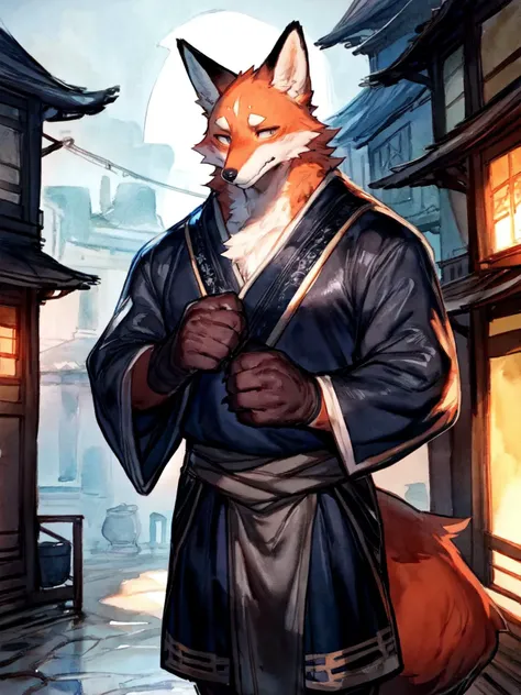 furry,male,anthro fox,fluffy muscle,Thin,15age juvenile,hanfu,Rain,disappointed and lost,Delicate face,detailed eyes,Chang'an Old Town, [by zackary911, by bebebebebe], by null-ghost, by youhei79384157, ink, watercolor \(artwork\), looking at viewer