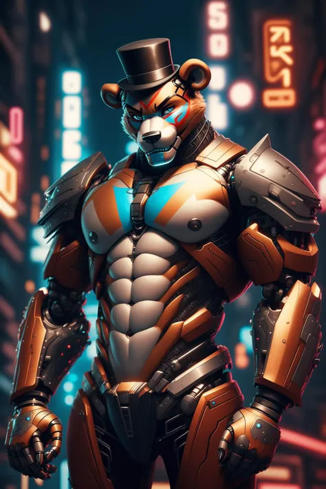 glamrock freddy, (fnaf), bear, mammal, animatronic, abs, anthro, athletic, athletic anthro, athletic male, bodypaint, brown body, brown fur, clothing, eyebrows, face paint, fur, glistening, glistening eyes, hat, headgear, headwear, male, pecs, smile, solo, talking to viewer, teeth, top hat, (((perfect hands, graceful hands, 5 fingers))), perfect anatomy, dynamic pose, mecha, intricate mechanical parts, cyberpunk city, cyberpunk motorbike, motorbike, vehicle <lora:mecha(mjstyle):0.5> <lora:cybervehiclev4:0.5>