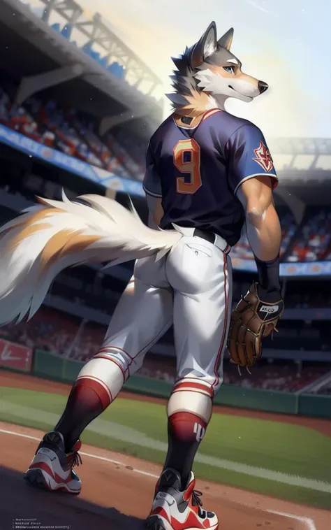 wolf, furry, male, solo, bad boy, ultra detailed, ((looking at viewer)), (back view, presenting back, presenting ass), athletic, sexy, (baseball_uniform, baseball_gloves, baseball_socks, baseball_shoes, baseball), anthro hands, perfect anatomy.
perfect lighting, CG, detailed fur texture, big eyes, (detailed eyes, perfect eyes), fluffy long tail, by Pino Daeni, niji.
(full body portrait). ((magazine)). <lora:Magazine:1>